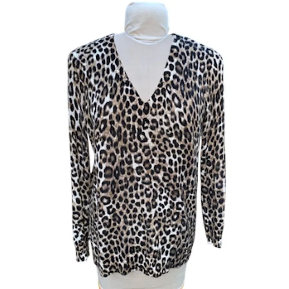 Michael Kors Leopard Print V-Neck Sweater Sz .S Cotton Blend